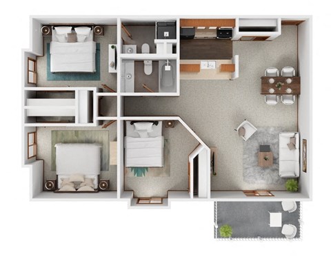 A top-down view of a house layout with two bedrooms, a living room, a kitchen, and a bathroom.